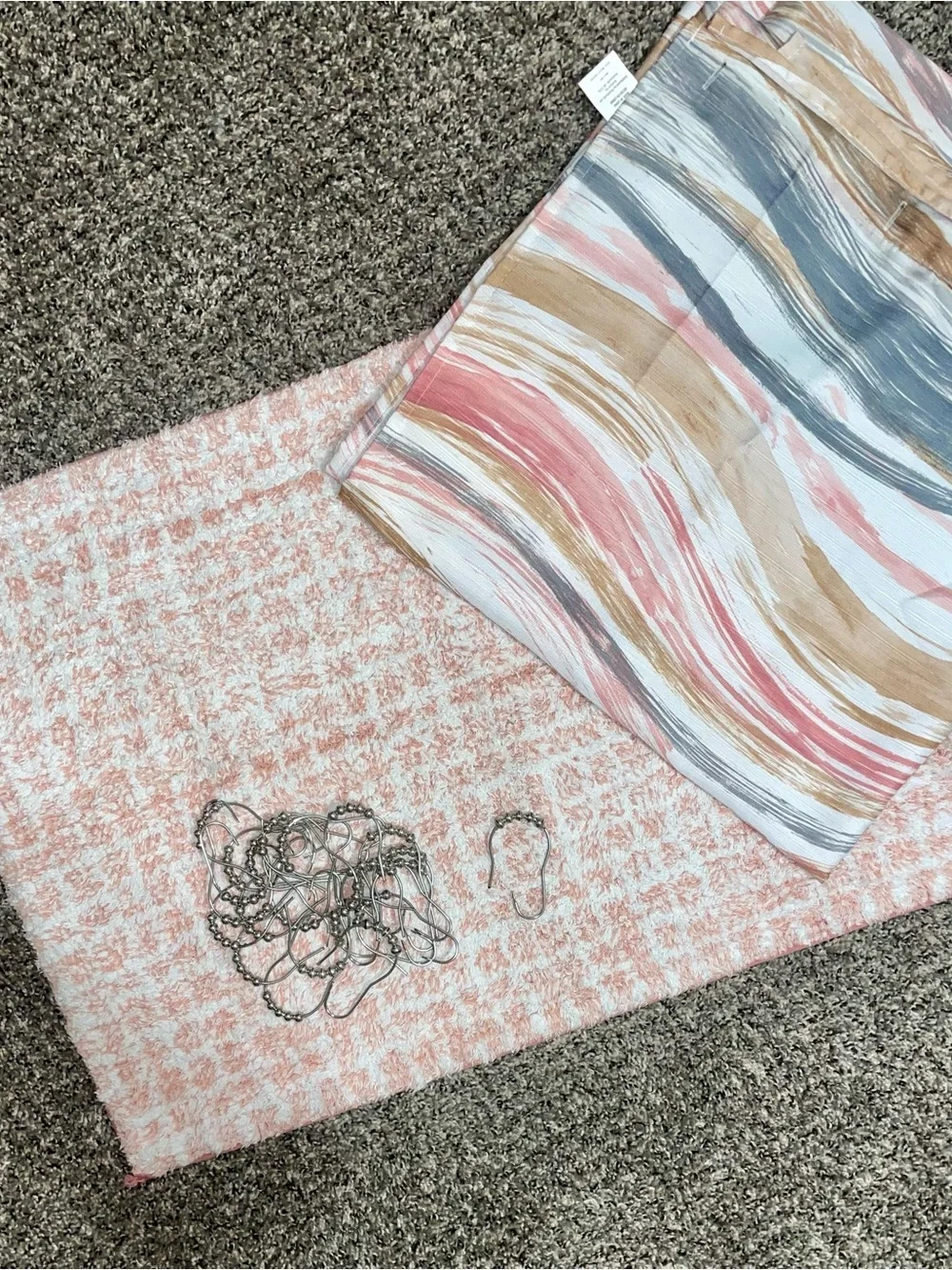 Mainstays Pink and Beige Multi-Stripe Shower Curtain and Bath Mat